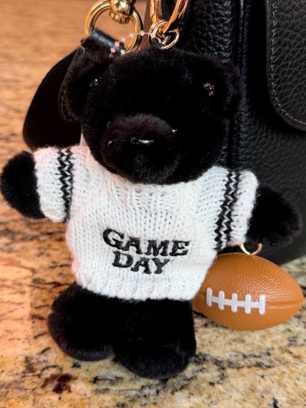 Aldo Black Plush Bear Keychain with White 'Game' Sweater and Football Charm